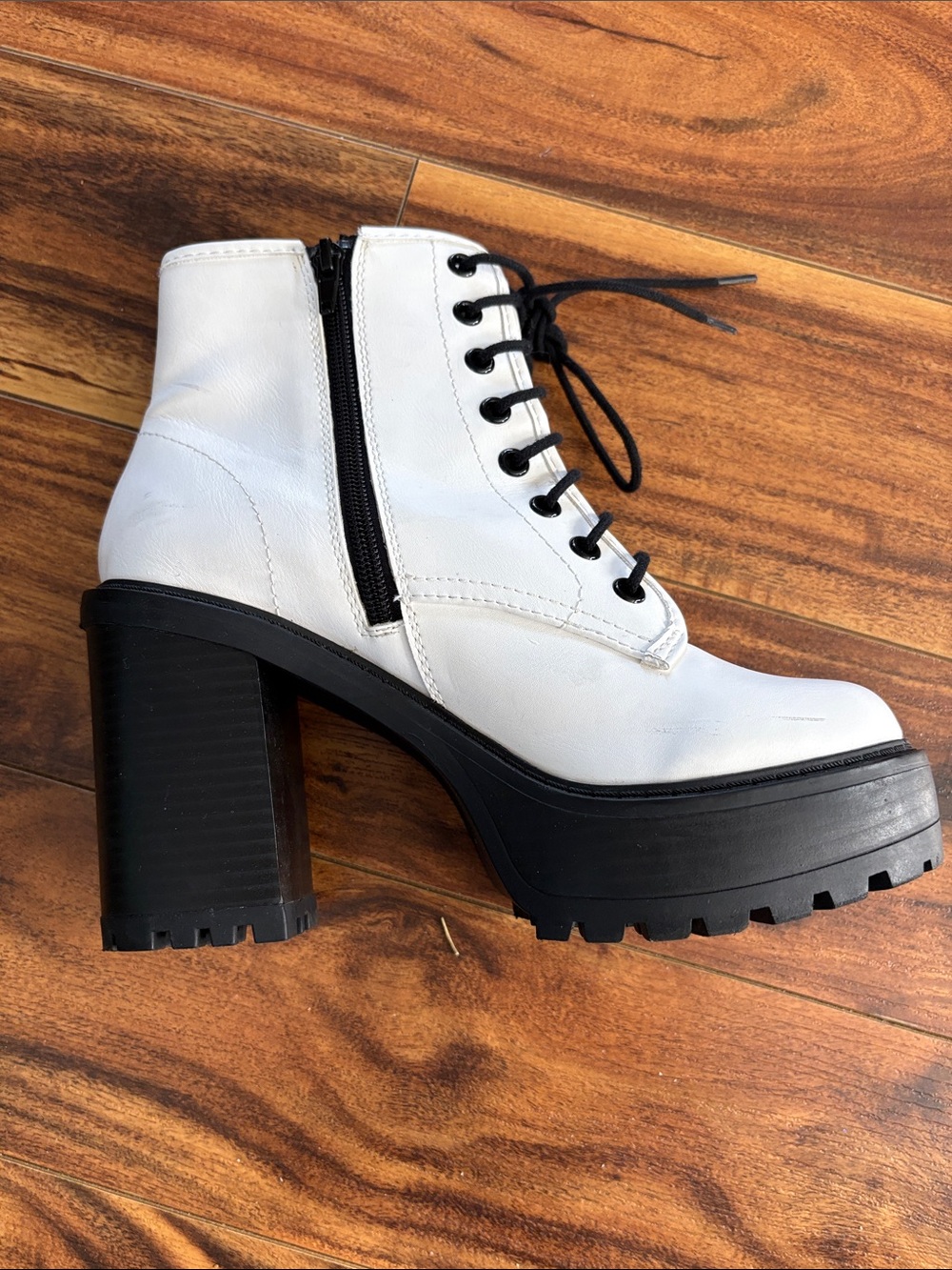 White Lug Sole Lace-Up Ankle Boots with Side Zip
